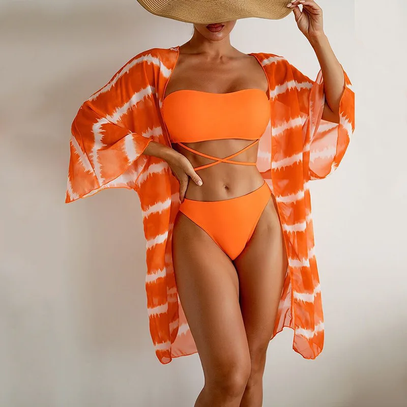 Japanese Style Beach Two-Piece Swimsuit Mesh Three-Piece Bikini Hot Spring Swimsuit