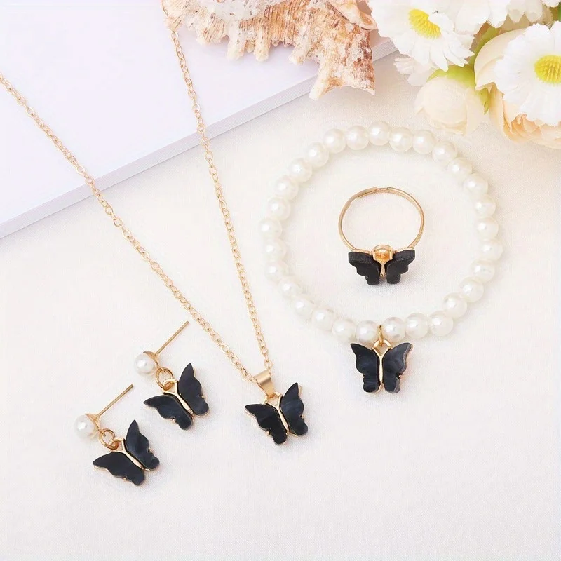 Butterfly Oil Drop Rhinestone Jewelry Set 4-Pack - Necklace, Bracelet, Earrings - Multi-Color Trendy Gift for Her