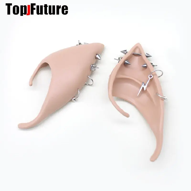 1 paio Punk gotico giapponese Harajuku Y2K ragazza rivetti catene incrociate orecchie da elfo da donna silicone Halloween Party accessorio Cosplay