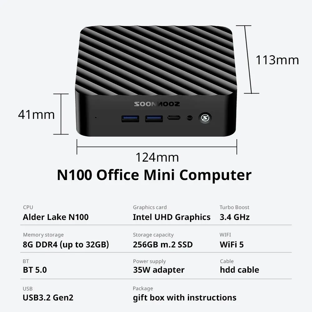 Soonnooz mini pc intel celeron n5095 n100 desktop gaming computer 8g/128gb 8g/256gb ddr4 wifi5