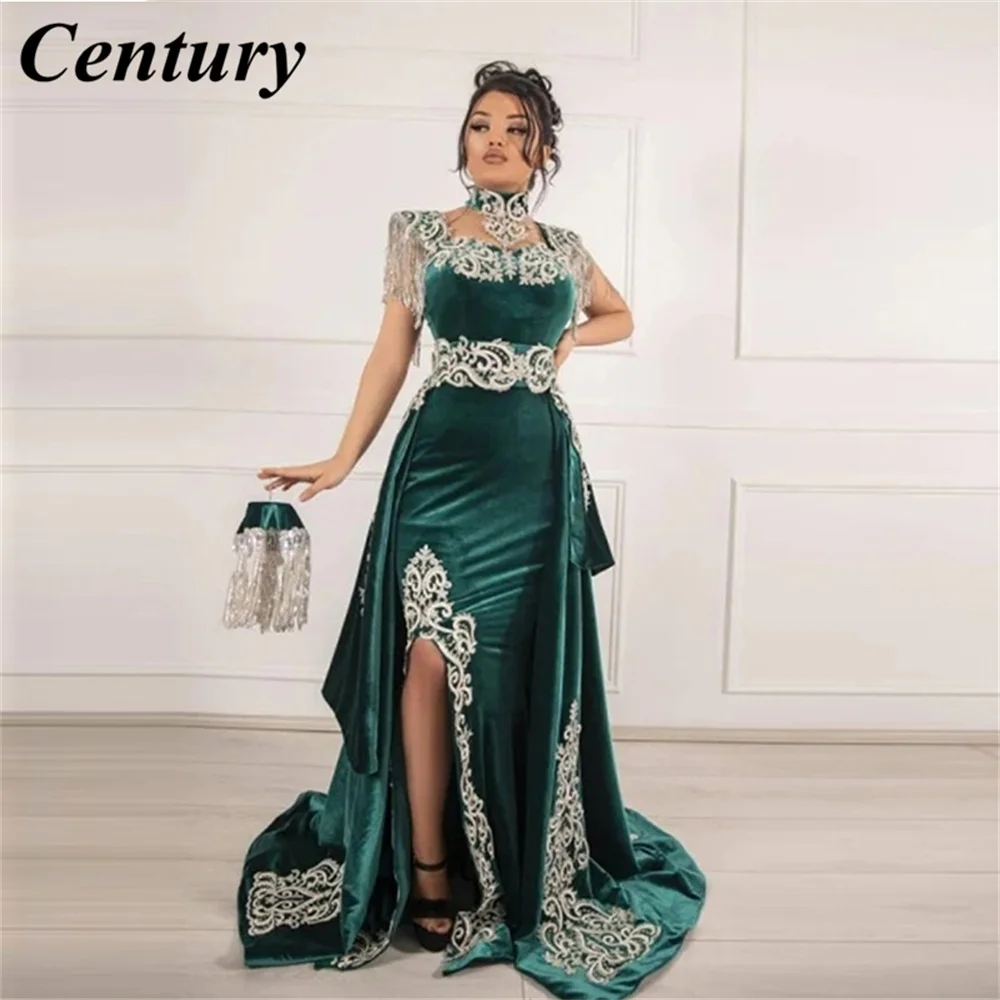 Karakou Algérien-Robe de Soirée Caftan Arabe, Manches Cape, Velours Vert, Robe de Bal avec Poignées, Jupe Amovible Marocaine