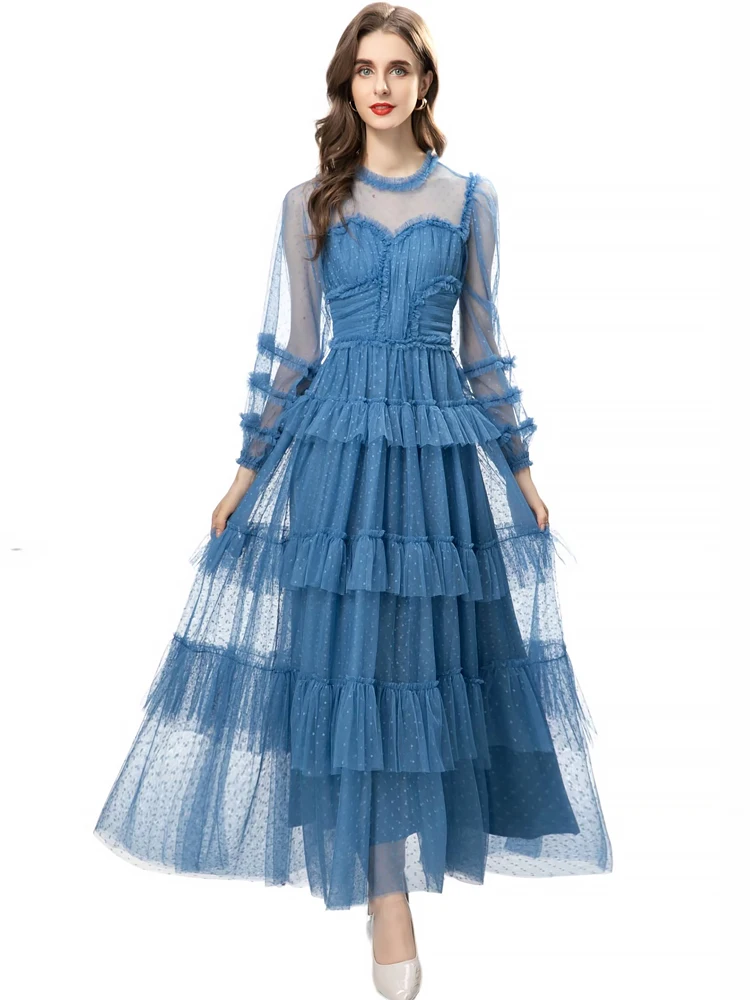 

Designer 2024 Spring New Women's Elegant Party Dress High Quality Mesh Evening Long Dress Formal Occasion Fashion French Vintage
