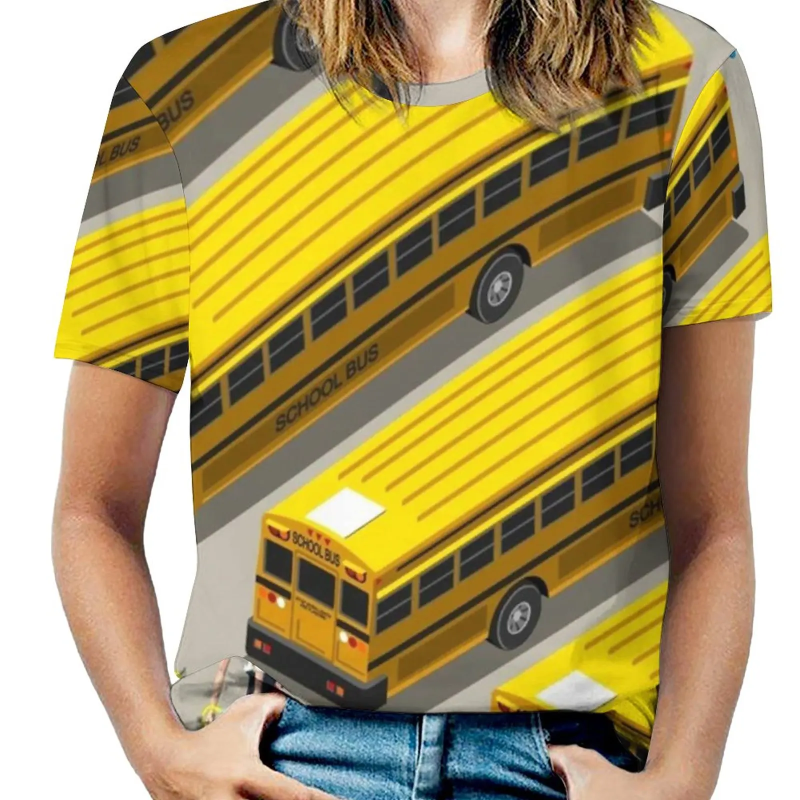 School Bus Vehicle Woman'S T-Shirt Spring And Summer Printed T Shirts Crew Neck Pullover Top School Bus Vehicle Isometric