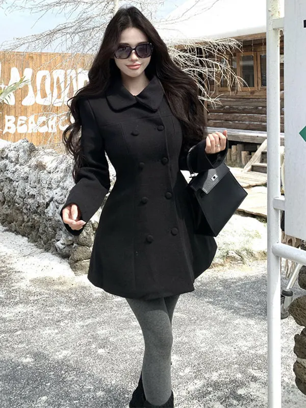 

Korean Sle Thiened Woolen Coat Women's Double Button Lapel Long Sve Warm Autumn New Arrival Faion Commute Outerwear