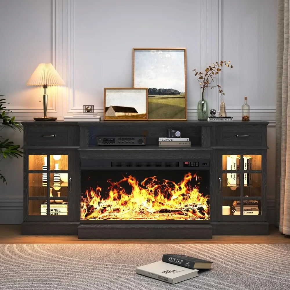 حامل تلفزيون حديث 70 مع مدفأة زجاجية ثلاثية الجوانب، مركز وسائط خشبية مضيئة بإضاءة LED