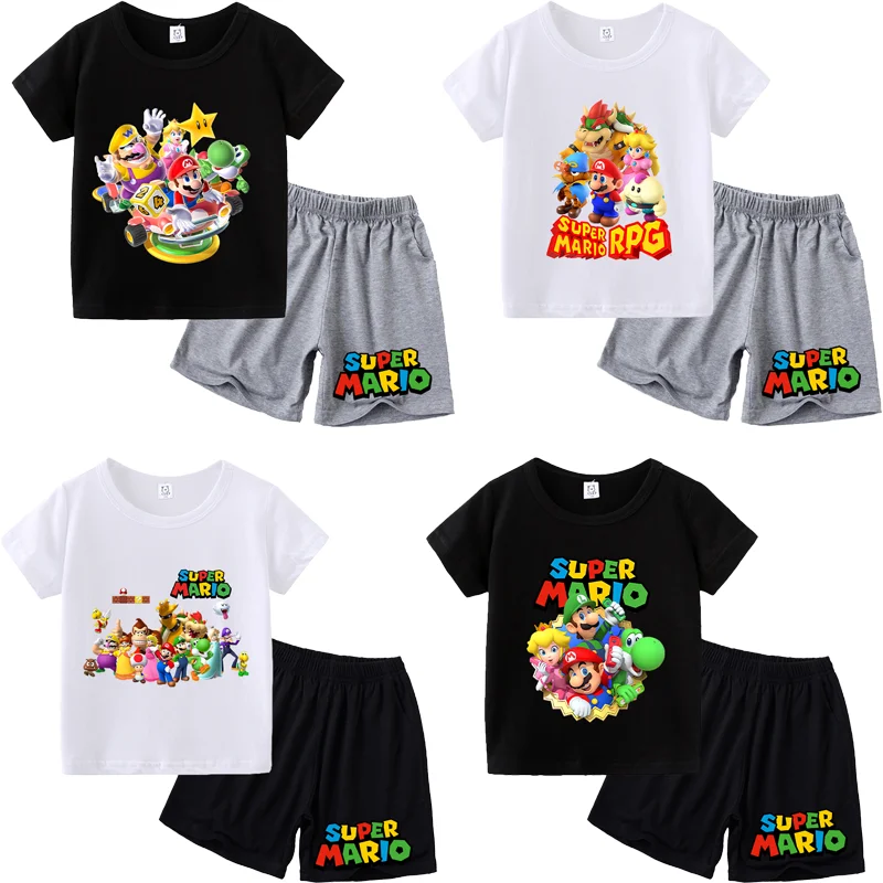 

Одежда Super Mario Bros, брюки, комплект из 2 предметов, футболка с принтом принцессы Пич и Луиджи, летняя одежда с мультяшным графическим принтом, футболки, подарки