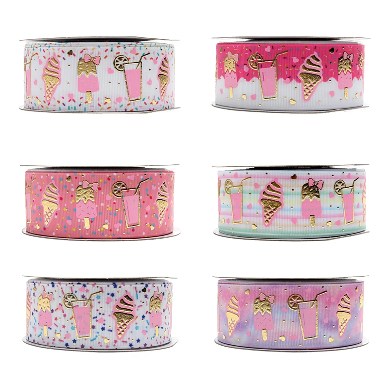 

Summer Ice Cream Foil Golden Ribbon Printed Grosgrain Ribbon 38mm 50yards/lot for DIY bows