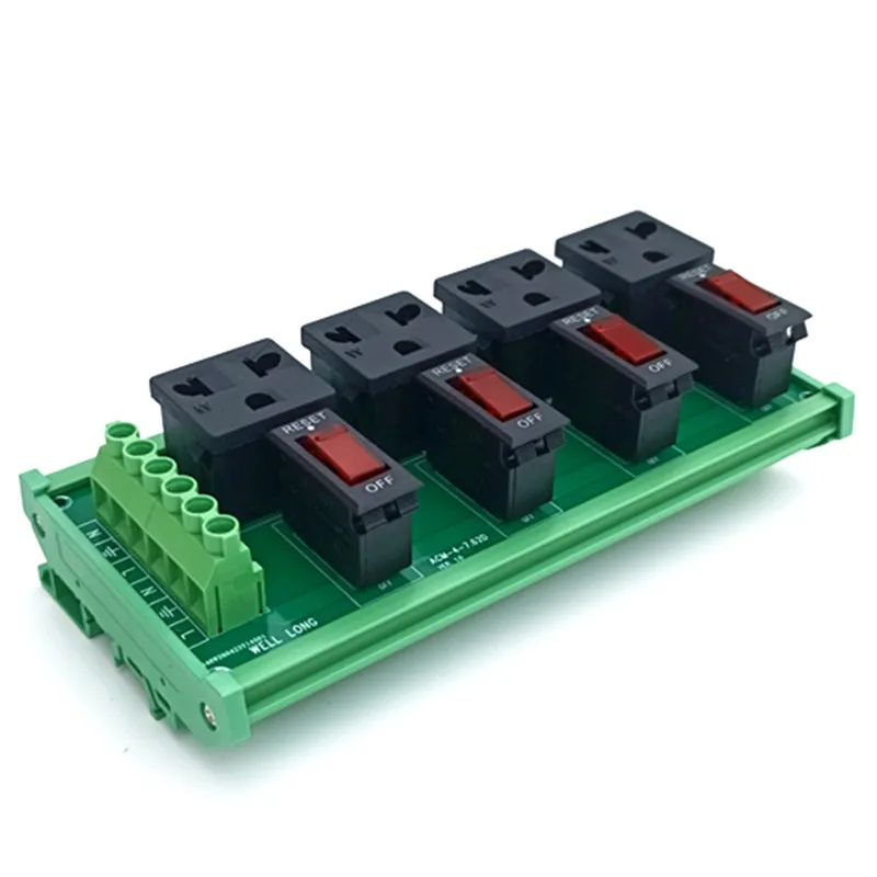DIN Rail Mount AC 120V  4 Receptacle Outlet Power Module, with Rocker Switch Thermal Circuit Breaker Overload Protector.