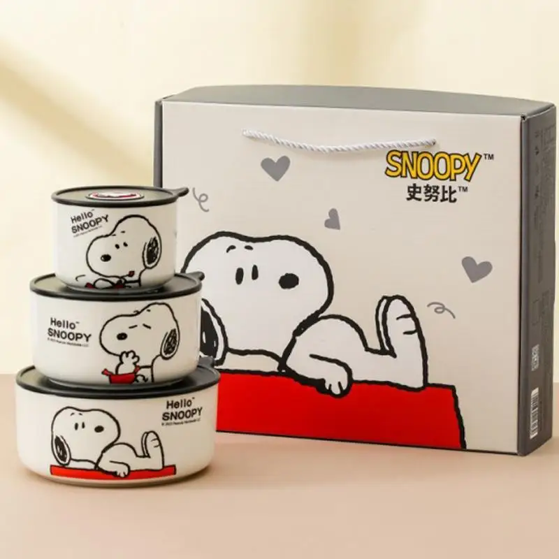 Miska Snoopy Trzyczęściowy Zestaw Crisper Box Dziecko Kreskówka Snoopy Ceramika Świeża Miska z Pokrywką Garnitur Dziewczynka Zastawa Stołowa Lunch