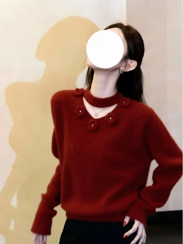 

Red New Year 3D Flower Sweater Design Slimming Faionable Cross Year Beautiful Knitted irt Commute Sle Regular Fit Long ...