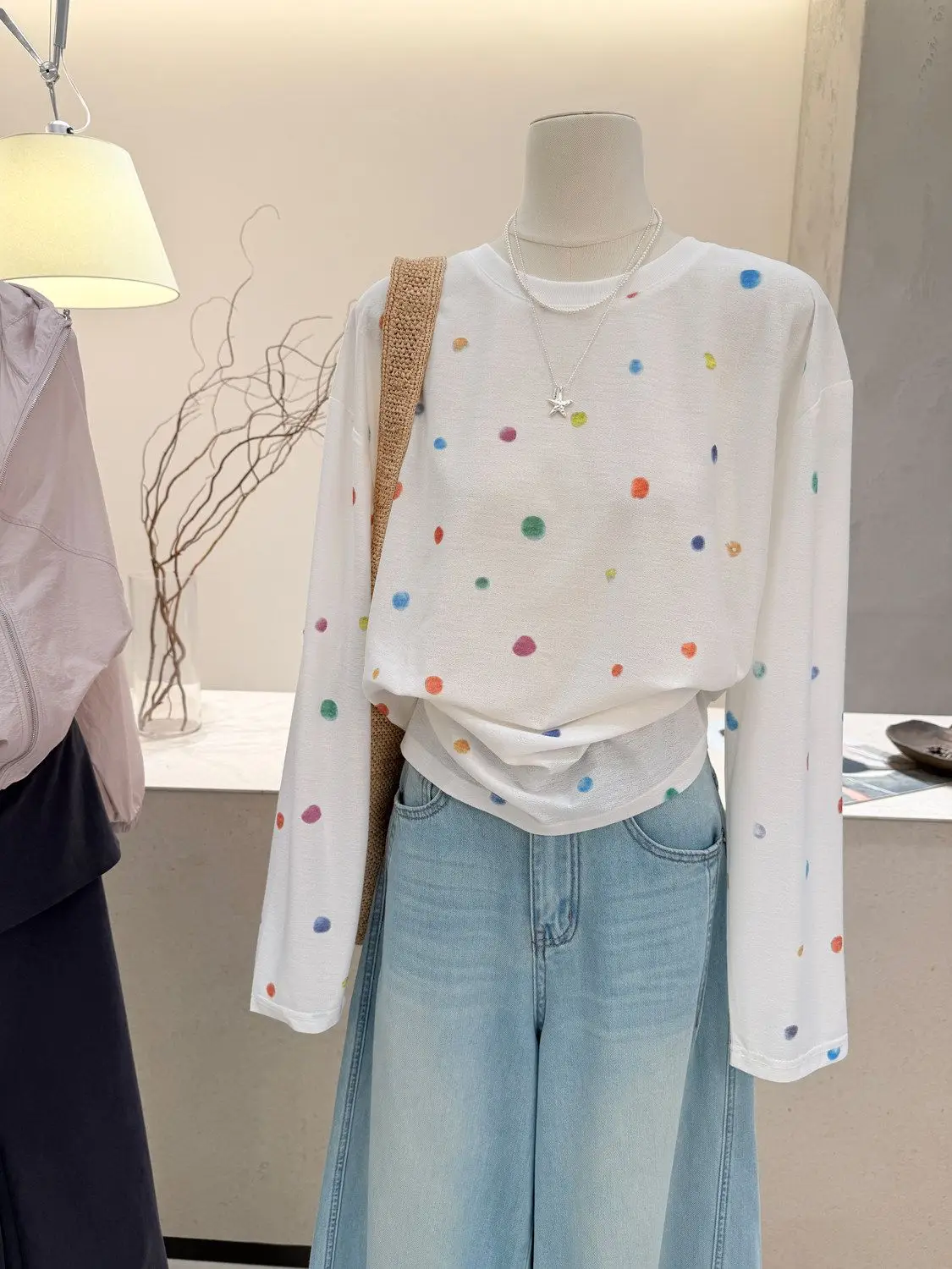 

plus Size Women's Summer Long Sleeve T-Shirt Loose Fit Outerwear White Polka Dot Sun Protection Top for All Body Types