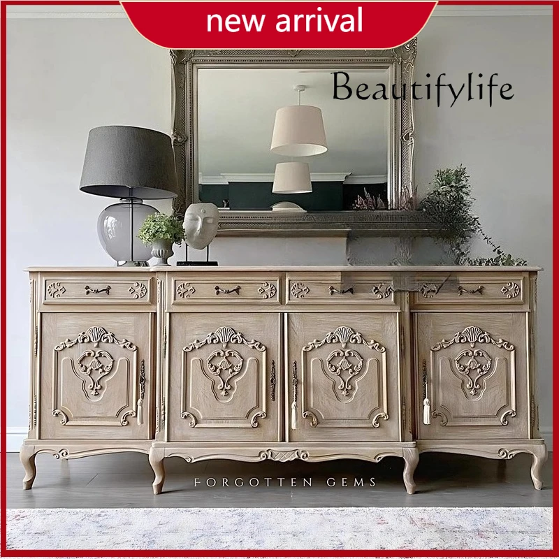 

C French Retro Nostalgic Solid Wood Dining Side Cabinet, Living Room Engraved Antique Large Apartment Villa Entrance Cabinet