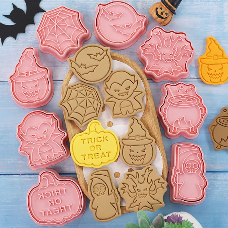 8Pcs Halloween Biscuit Molds, Spider Web Grim Reaper Vampire Bat Cauldron Pumpkin Cookie Cutter Stamp