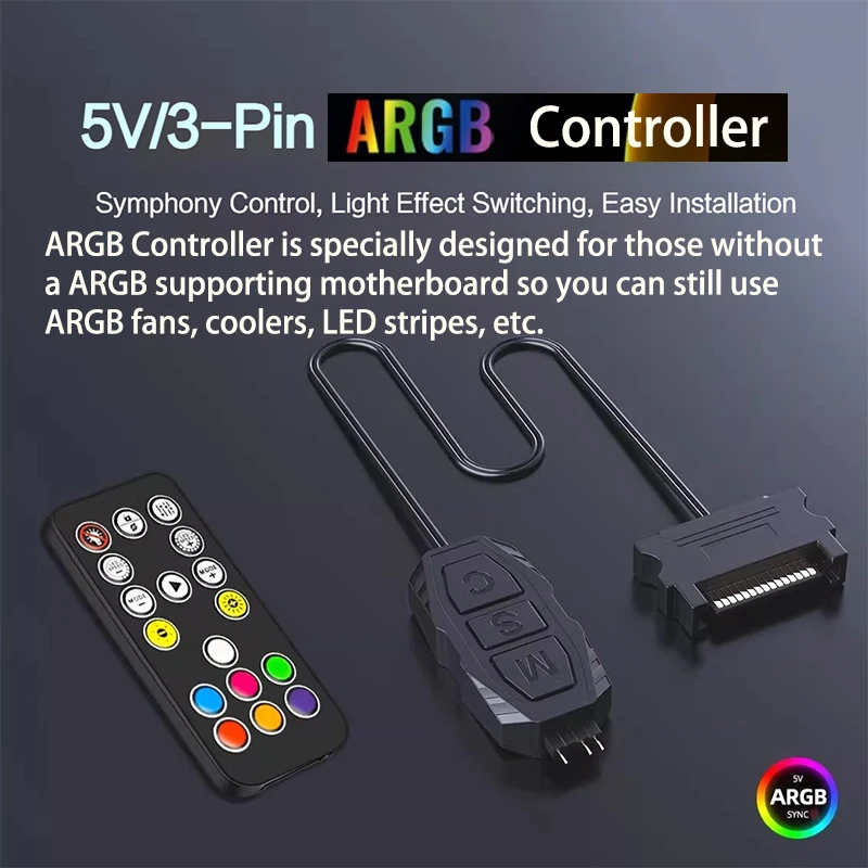 5V 3pin ARGB Controller To SATA Power Supply Mini RGB Controller For Computer Case ARGB Fans, Coolers, LED Stripes, Etc.