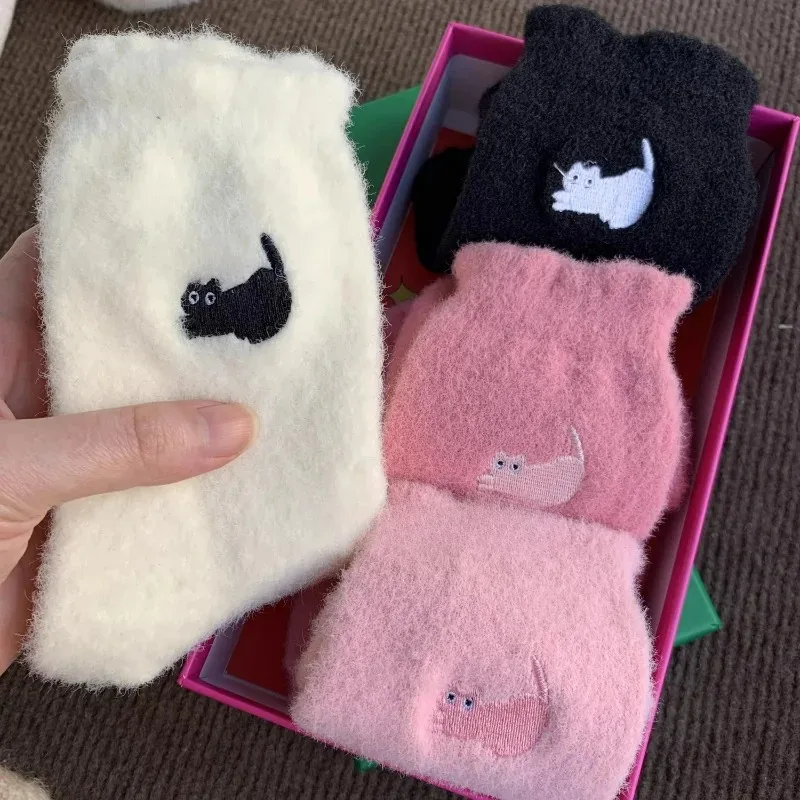 3 pares bonito gato vison velo meias macias para mulheres inverno quente engrossar coral meias de pelúcia térmica neve casa sono chão kawaii meia