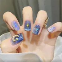 24PCS Xingyue Qiyuan Wearing Fake Nails Finished Handmade Phototherapy Blue False Nails Full Coverage Acrylic Press on Nail Art