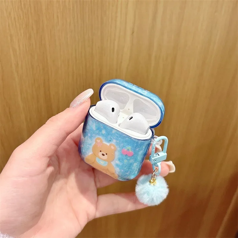 블루 카툰 테디 베어 케이스, 에어팟 4, 에어팟 1, 2, 3 프로, 프로 2 용, 블루투스 이어버드 충전 박스, 보호 이어폰 케이스 커버