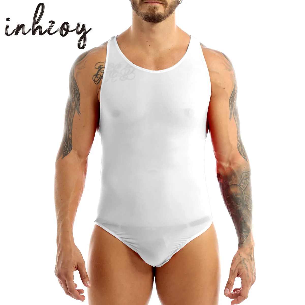 

Mens Sleeveles Stretchy Bodysuit Lingerie Gay Male Sissy See-though Thong Leotard Body stocking Undershirt Nightwear Sleepwear