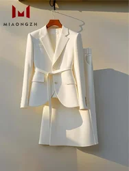 2024 Autumn New Women's Off White Two Piece Set Long Sleeve Notched Collar Office Blazer Top + High Waist Female Skirt Chic Suit