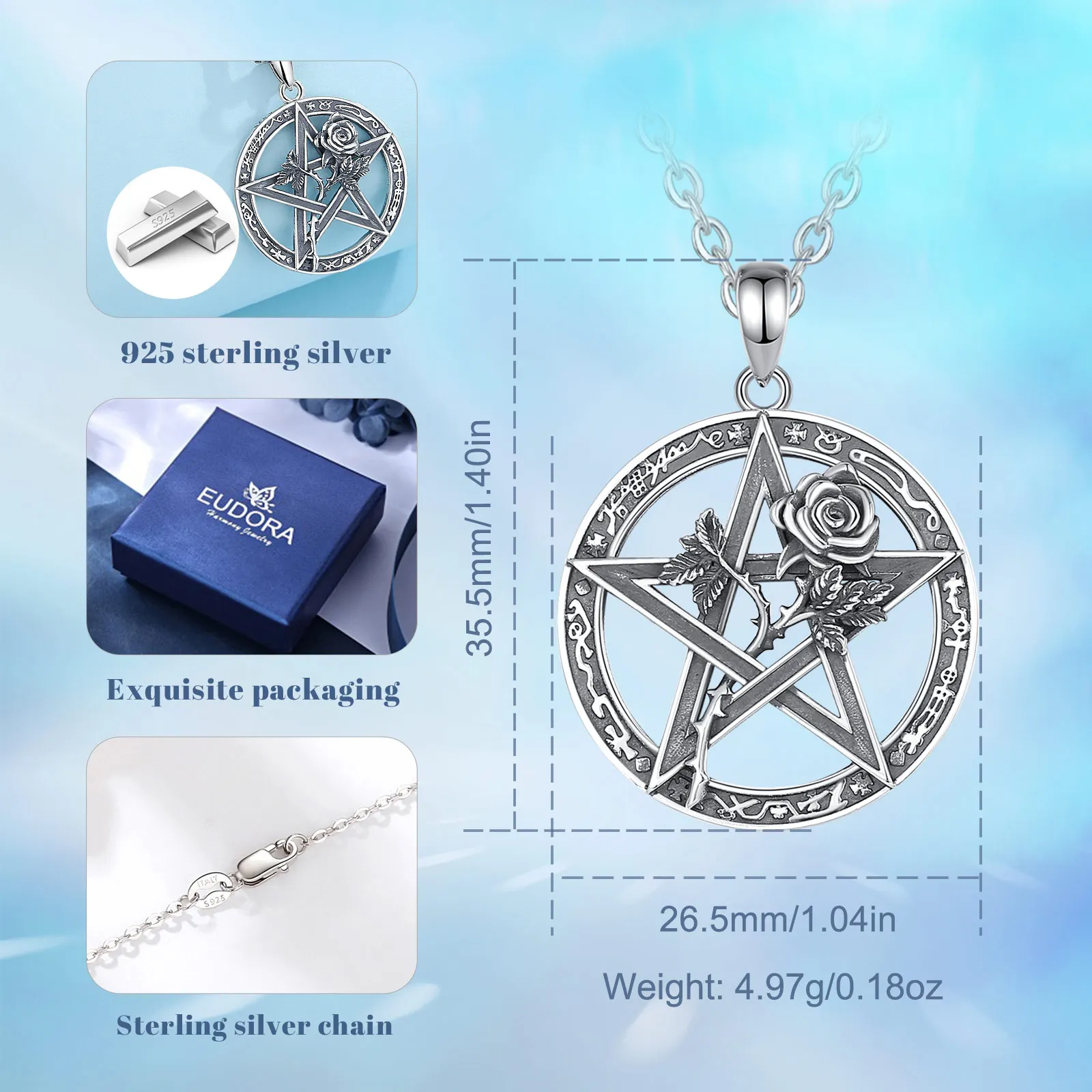 Eudora 925 Sterling Silver Original Tetragrammaton Pendant for Man Women Pentagram Runes Amulet Pendant Pentacle Witch Jewelry