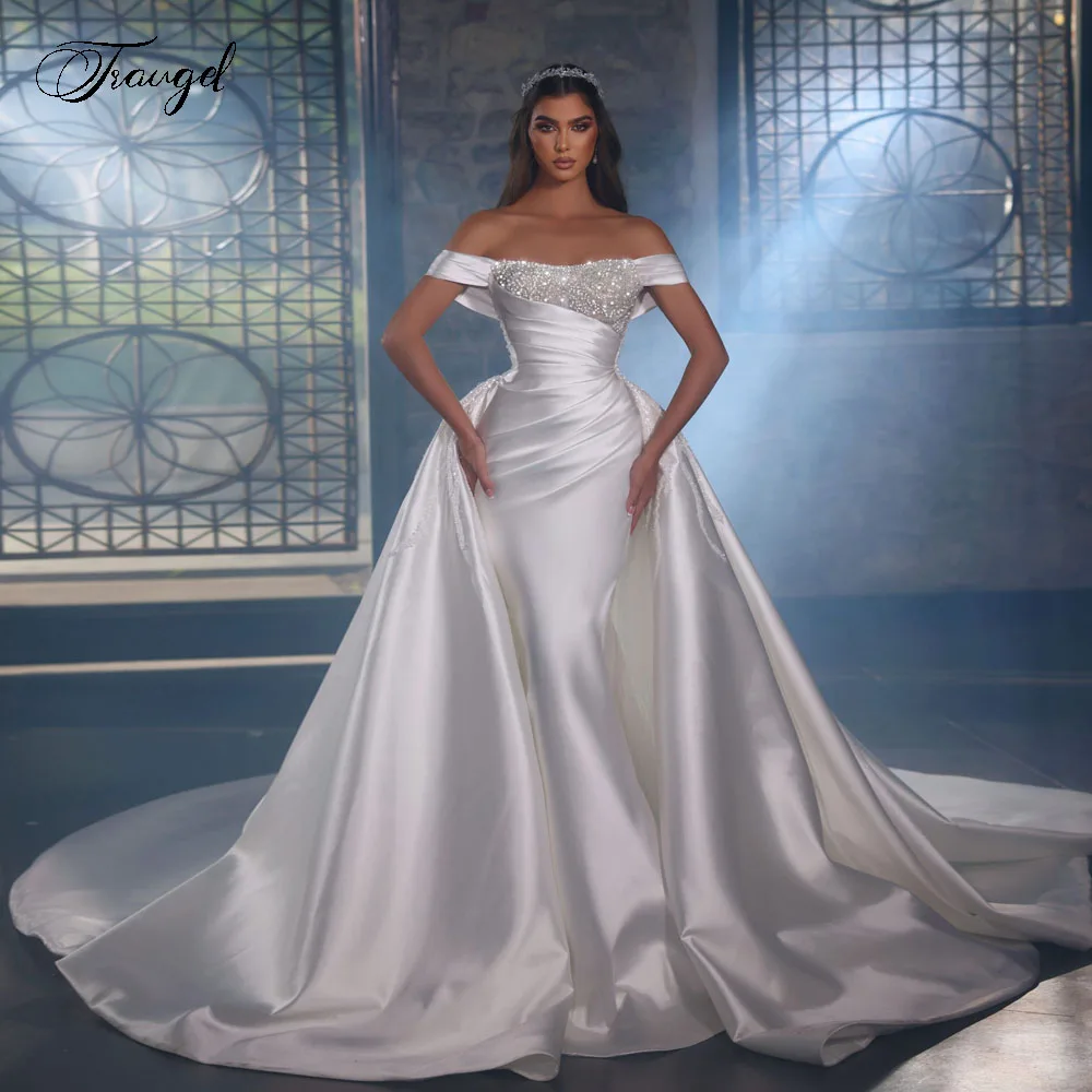 

Customized Off The Shoulder Matte Satin Mermaid Wedding Dresses Lace Beaded Vestido De Novia Detachable Train Robe De Mariee