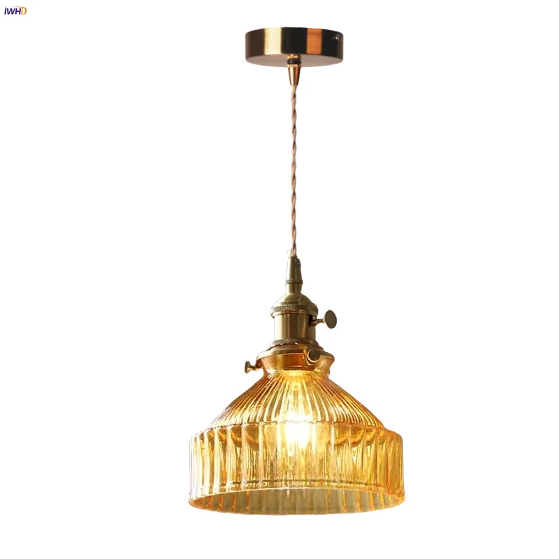

IWHD Amber Glass LED Pendant Light Fixture Bedroom Living Dining Room Decor Knob Switch Nordic Modern Home Lighting Plafond Lamp