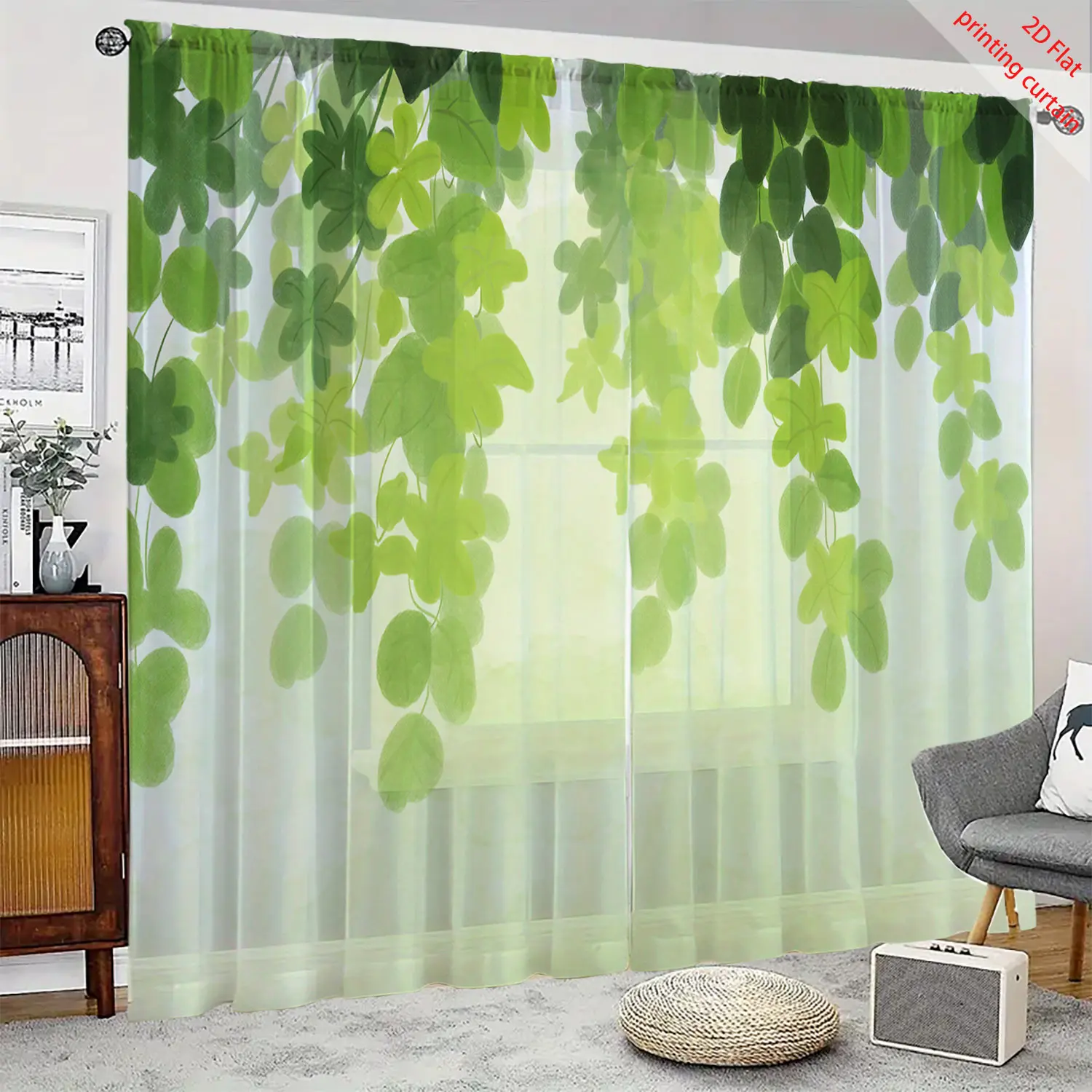 

Leaf printed transparent gauze curtain, used for offices, bedrooms, living rooms, balcony windows, and beautiful home decoration