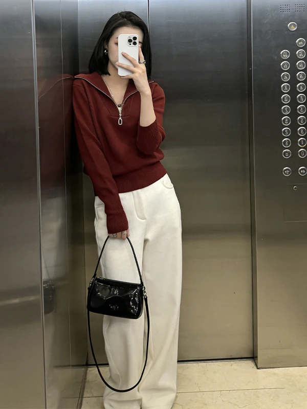 

Модный красный вязаный свитер с длинными рукавами для женщин, свободный крой, с молнией, осенне-зимняя новинка, винтажный стиль, трикотаж