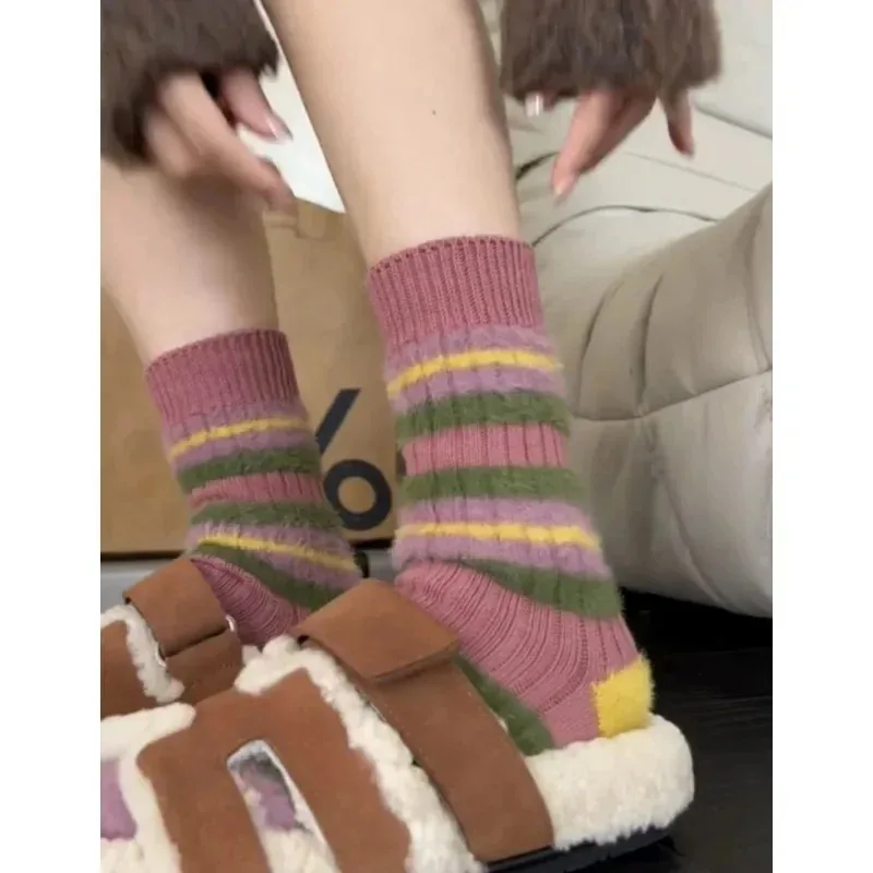 

Women Autumn Winter Mink Fleece Floor 2026 Colorful Striped Socks Sock Soft Thicken Plush Indoor Socks Female Fluffy Socks