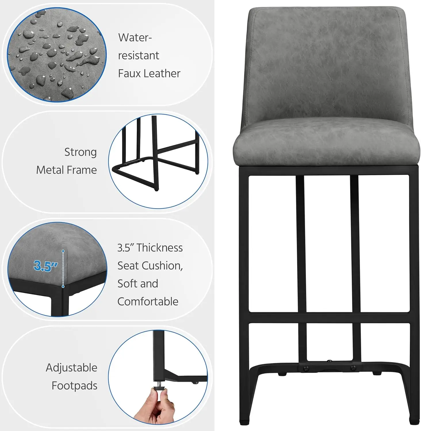 Moderne, met leer beklede, 24 inch barkrukken op tegenhoogte, set van 2, met rugleuning voor keukeneetkamer