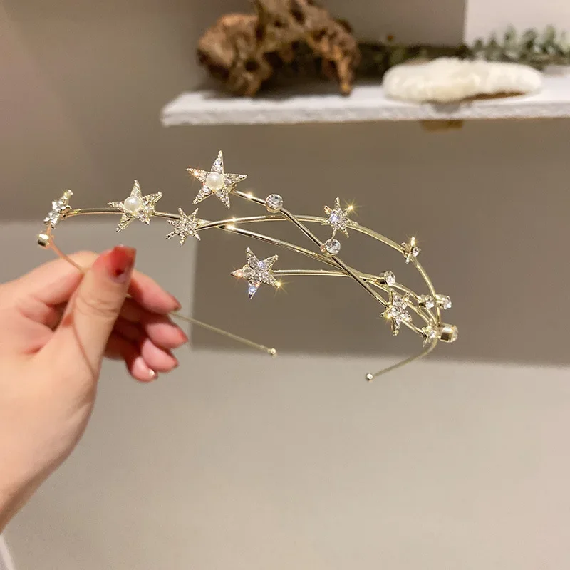 Bandeaux en strass feuilles d'étoile pour femmes, Imitation de perles, cerceau de cheveux creux multicouche, diadèmes de fête français élégants et dédiés V1