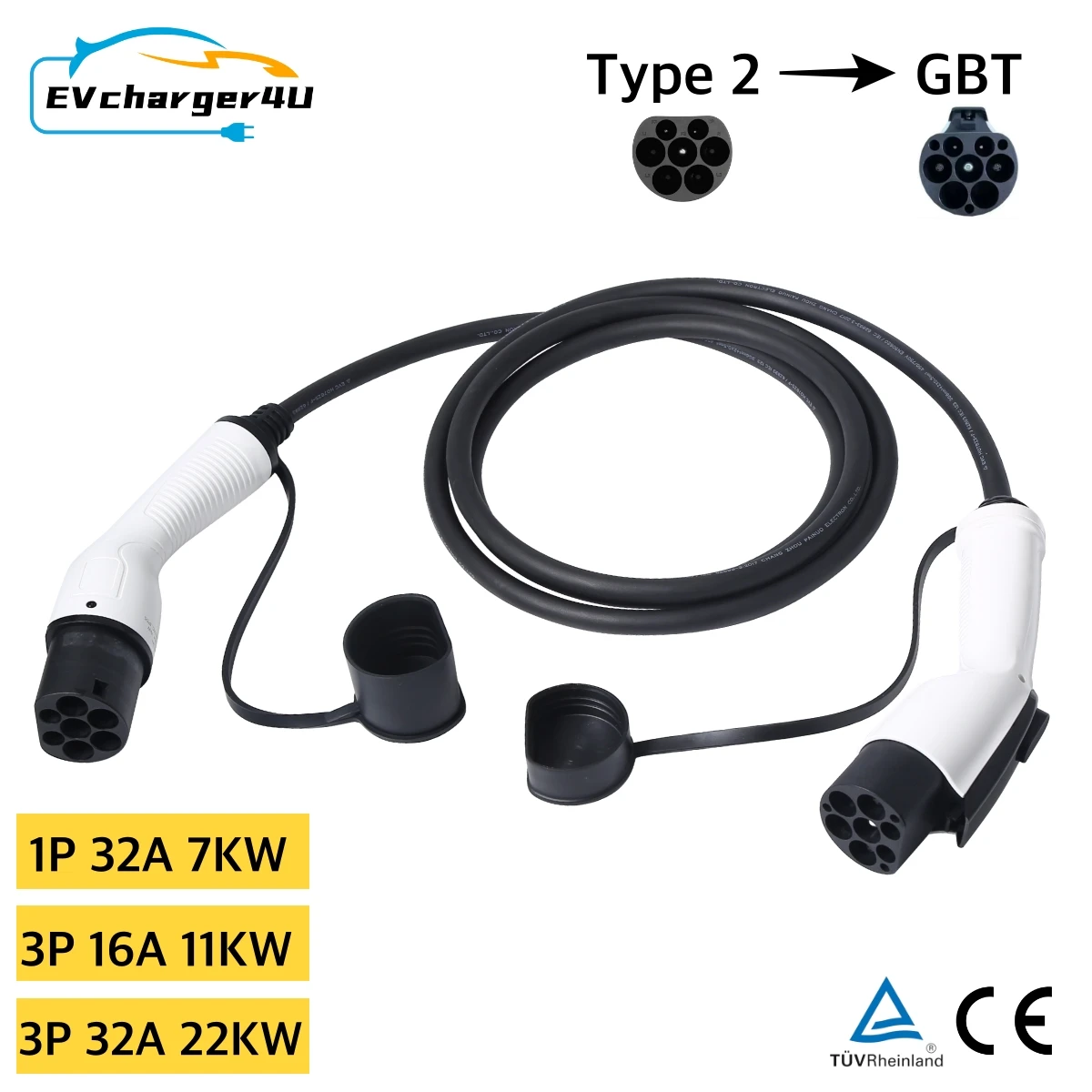 

EVcharger4U Type2 to GBT EV Charging Cable 5M 1Phase/ 3Phase 32A 7KW 11KW 22KW Electric Vehicle Type 2 GB/T for Charger Station