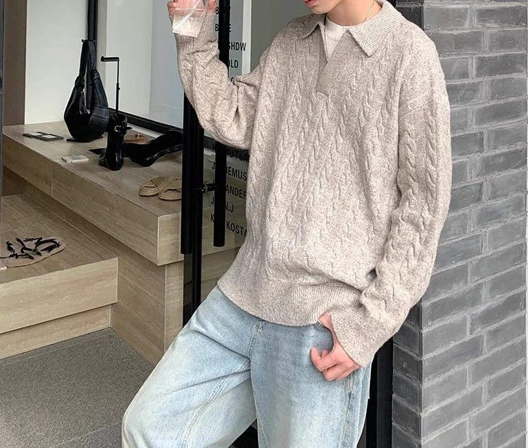 Korean style spring and autumn men and women trendy street collar pullover sweater for couples loose retro street casual simple