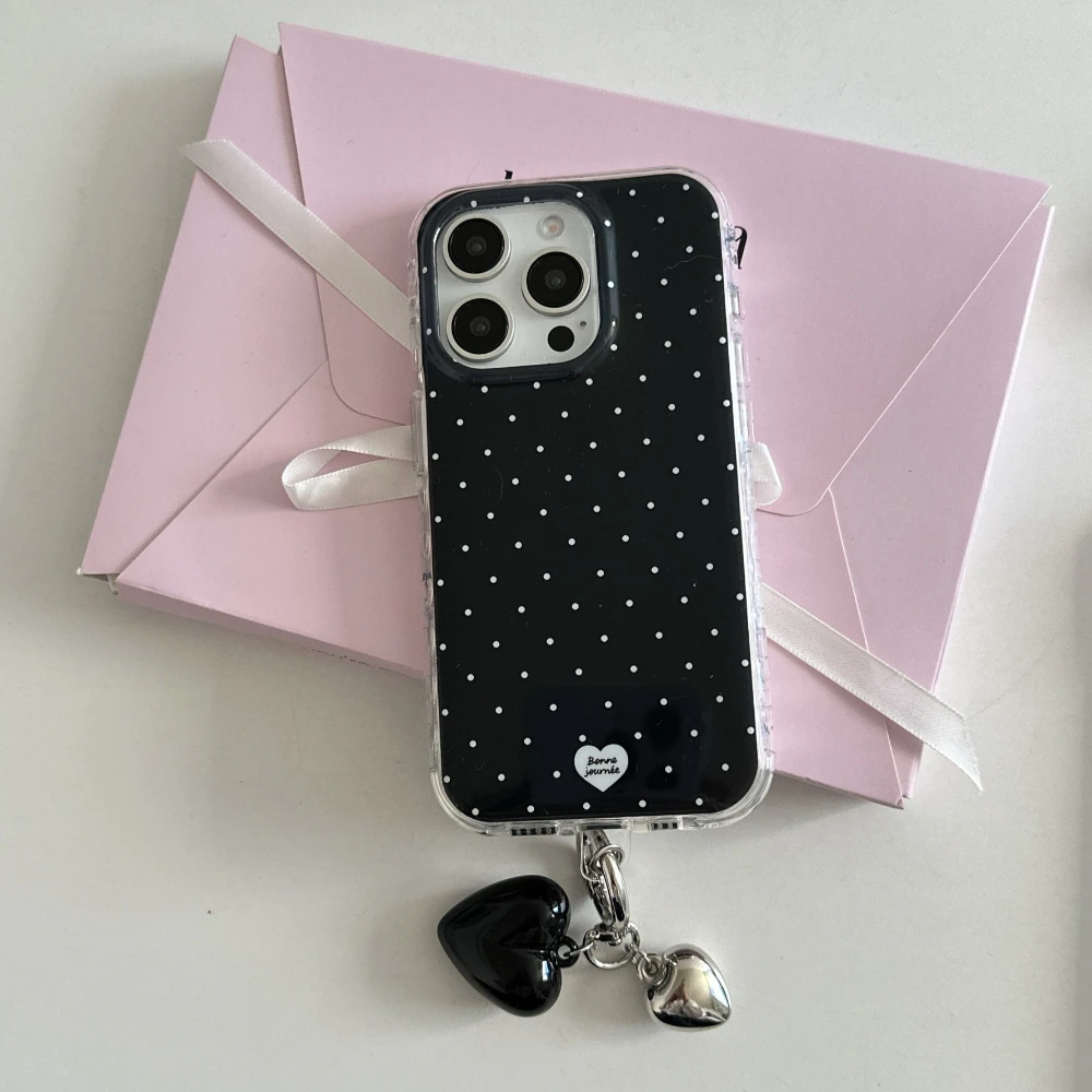 

For iPhone 17 Pro Max 16 15 14 Promax Korean Cute Polka Dot Case with Love Heart Pendant, Lovely All-inclusive Shockproof Cover