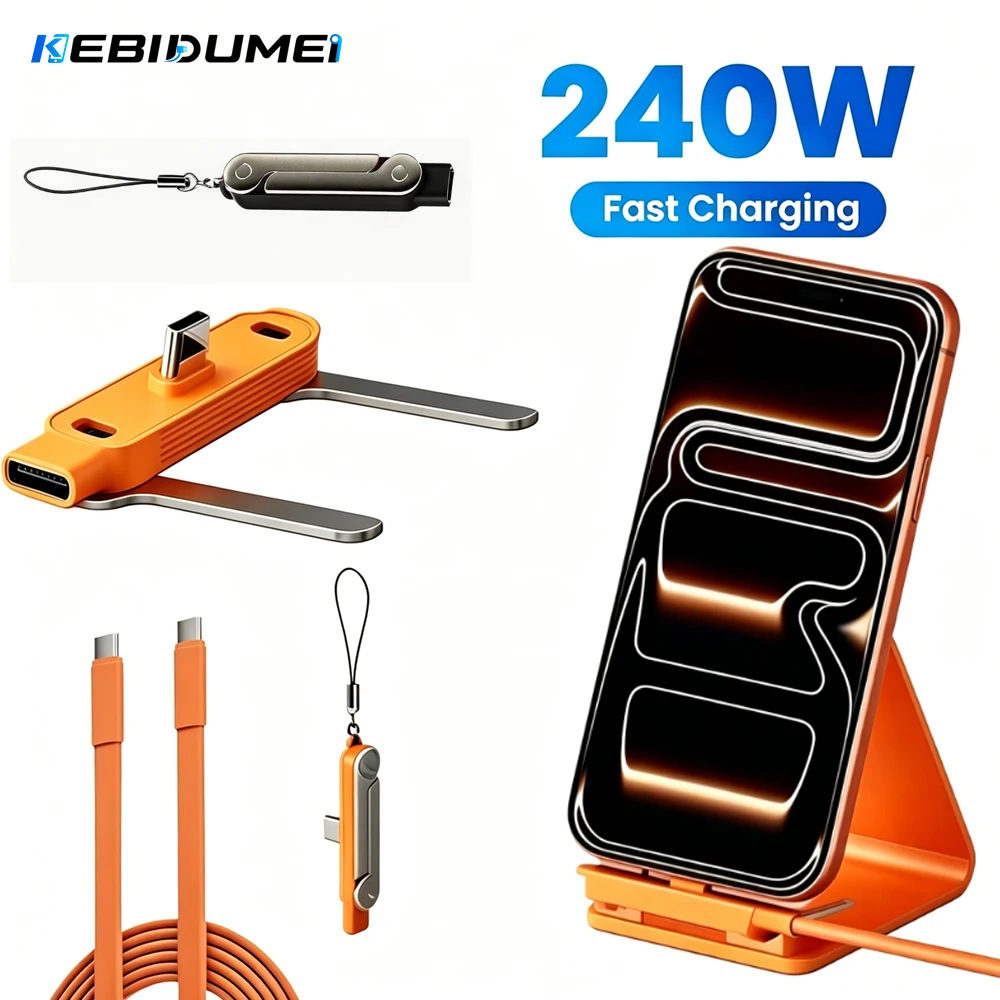KEBIDUMEI 240W 2in1 Faltbarer Ständer USB-C Datenkabel Abnehmbarer Typ-C Schnellladeadapter für Android Smartphones