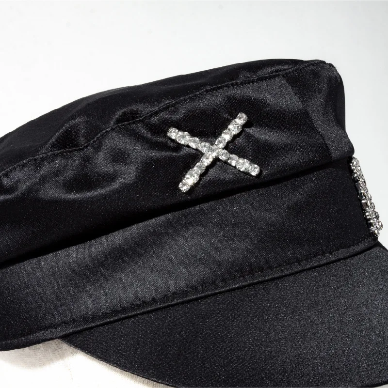 Gorra de vendedor de periódicos con letras de diamantes para mujer, gorro de panadero adornado con cristal, S-XL para diferentes tamaños de cabeza,