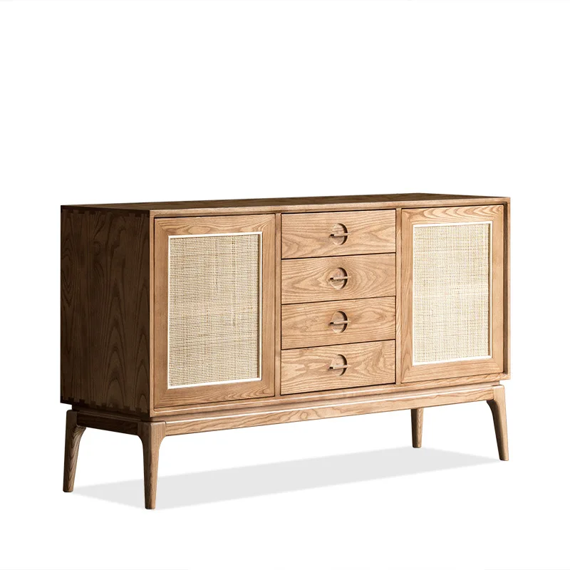 Nordic solid wood dining side cabinet modern simple locker medieval rattan storage cabinet