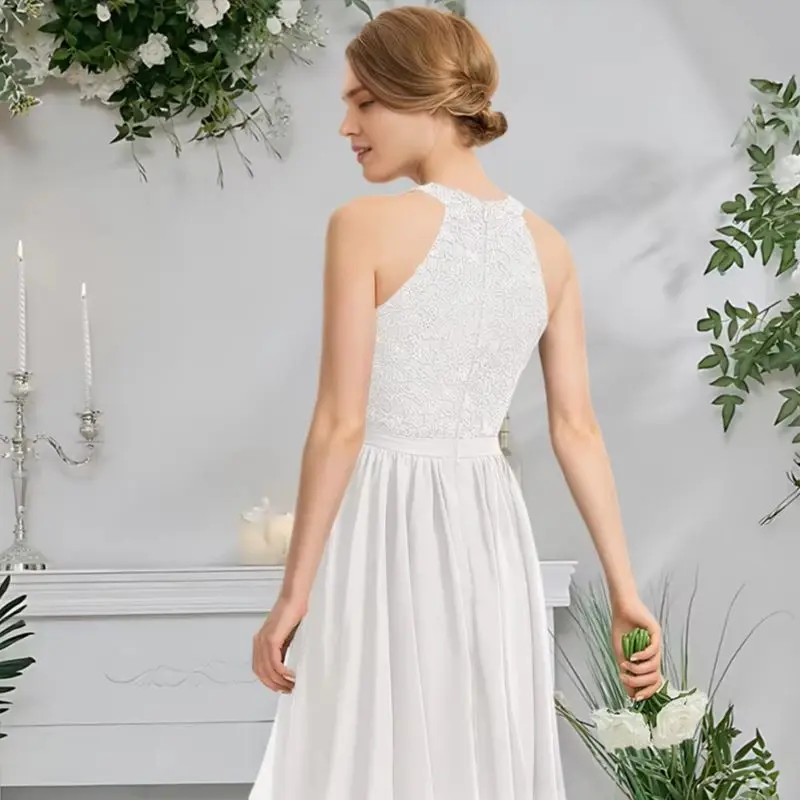 

HC Women Ivory Scoop Neck Bridesmaid Dresses A-Line Knee-Length Lace Chiffon With Ruffle Sleeveless For Wedding Party 2025​