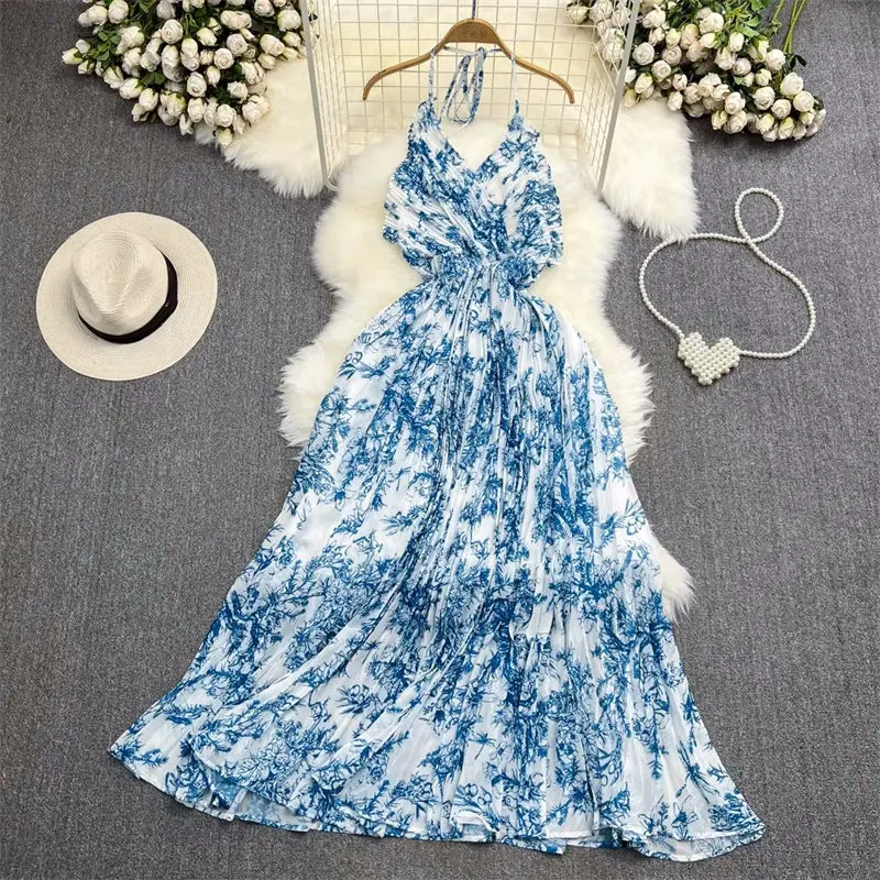 

Luxury Seaside Vacation Long Dress Hanging Neck Backless Waistband Slim A-Line Ink Painting Printed Dress Summer Robe z1104