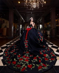 Black Sweetheart Quinceanera Dresses Mexico Red Flower Embroidery With Bow Ball Gown vestidos de 15 años quinceañeras 2024