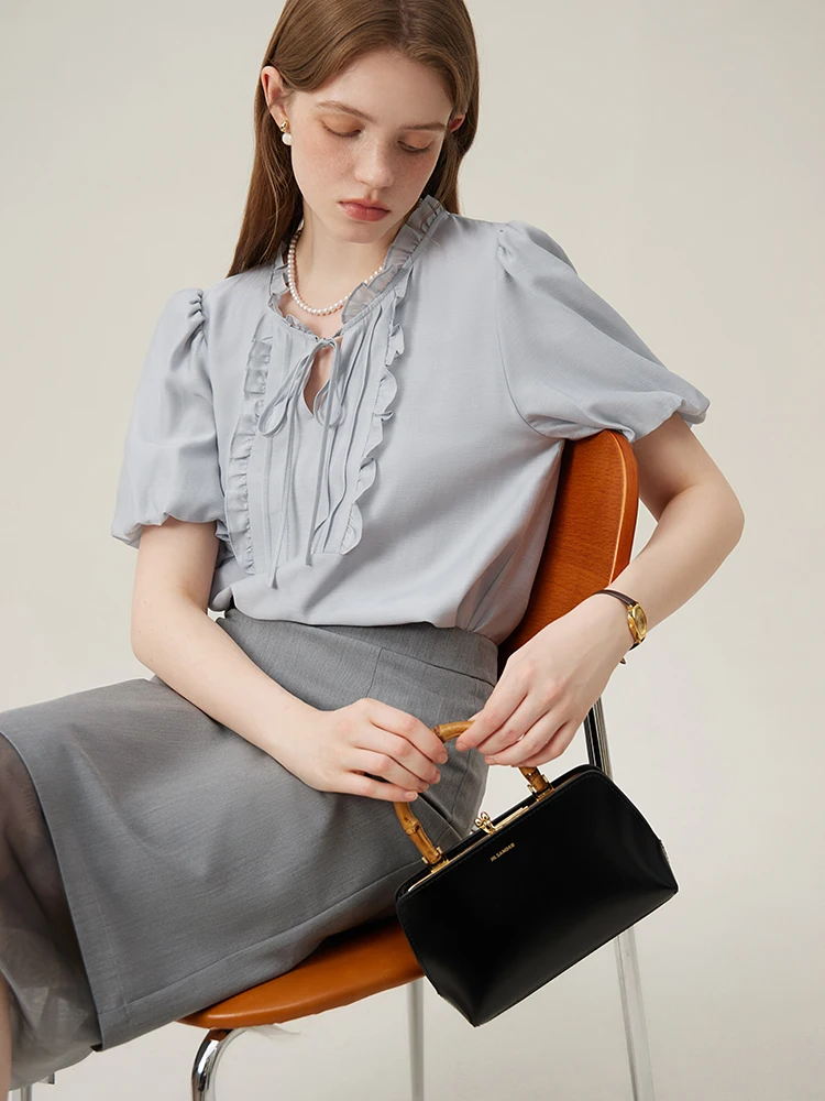 

FSLE Lace Up Neckline Women Summer Grey Temperament Short Sleeve Blouses 42.2% Acetate Office Lady Loose Shirts 24FS12408