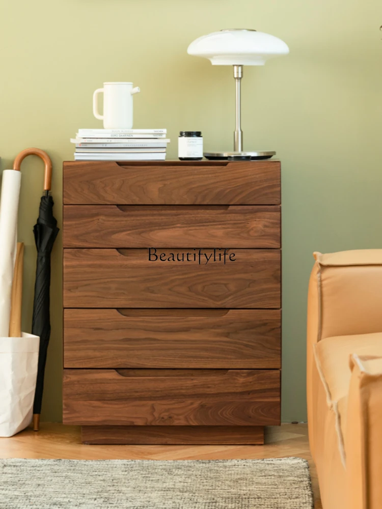 Nordic Black Walnut Wooden Chests of Drawers Modern Minimalist Five-Bucket Cabinet Light Luxury Storage Organizer Side Cabinet