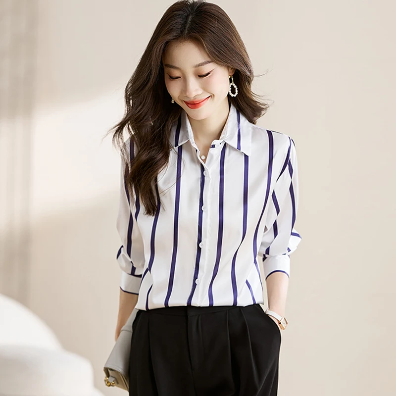 

New Satin Women's Striped Shirts French Style Fashion Women Blouses 2025 Spring Autumn Long-sleeved Women Business Office Shirts