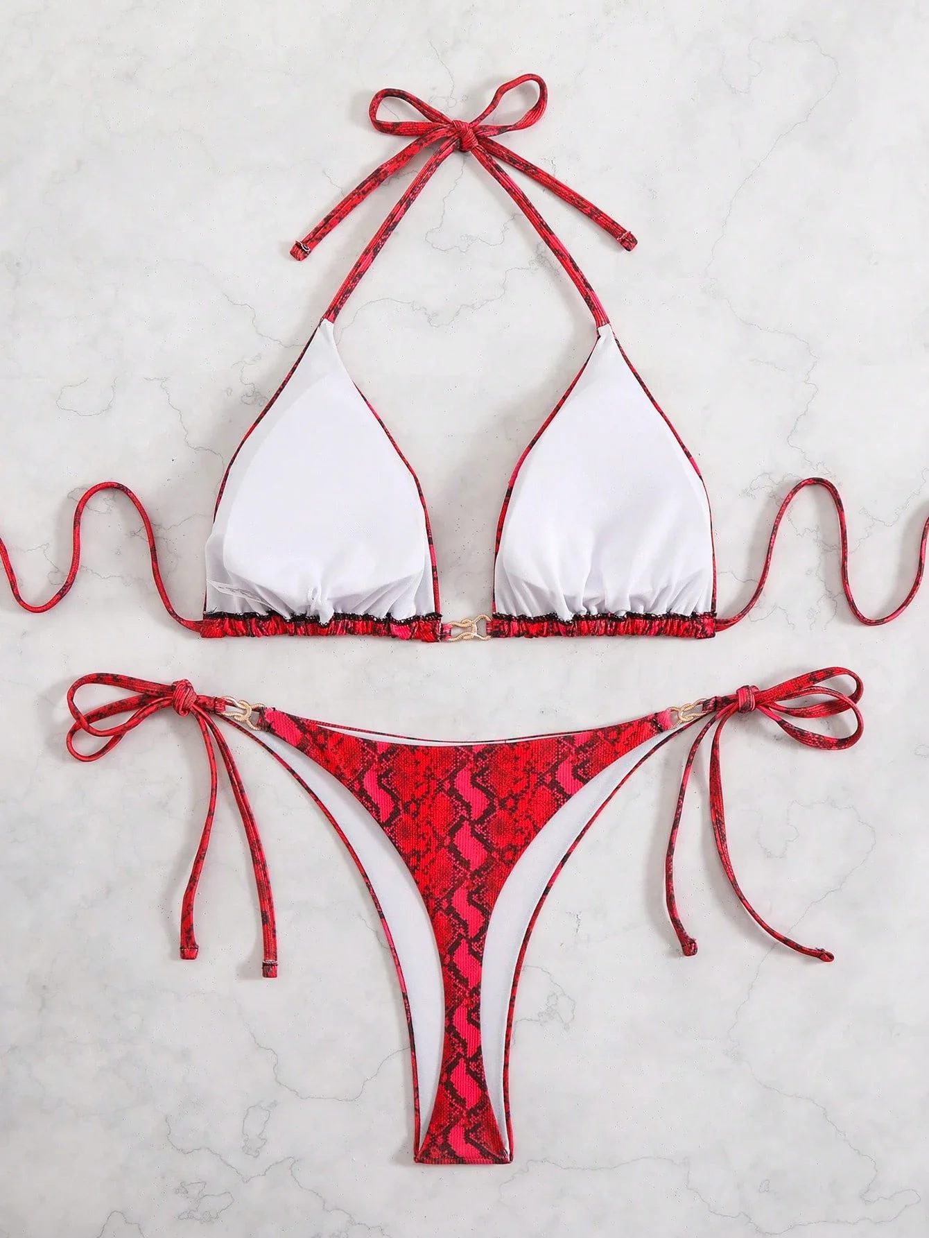 

Red And White Snake Print Plus Size Triangle Halter Thong Bikini Two Piece Set For Summer Beach Pool Party