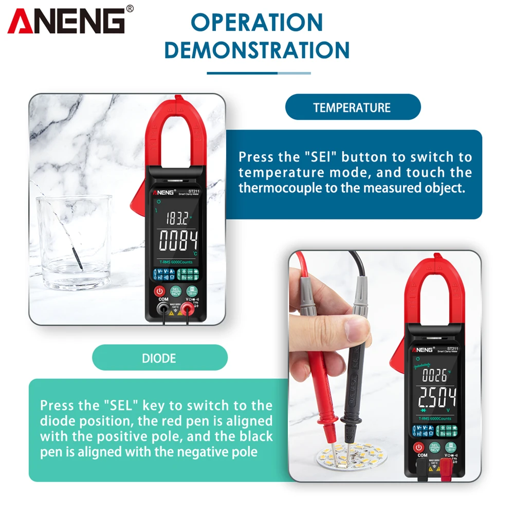 ANENG ST211 6000 Counts Digital Clamp Meter Multimeter AC DC Voltage Current Tester Car Amp Hz NCV Ohm Big Color Screen Test