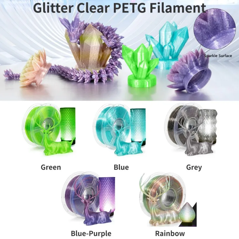 Glitter Clear PETG Filament 1.75mm,Sparkle Shiny Galaxy Transparent PETG Filament 1kg, Rainbow/Blue/Green/Blue-purple/Grey