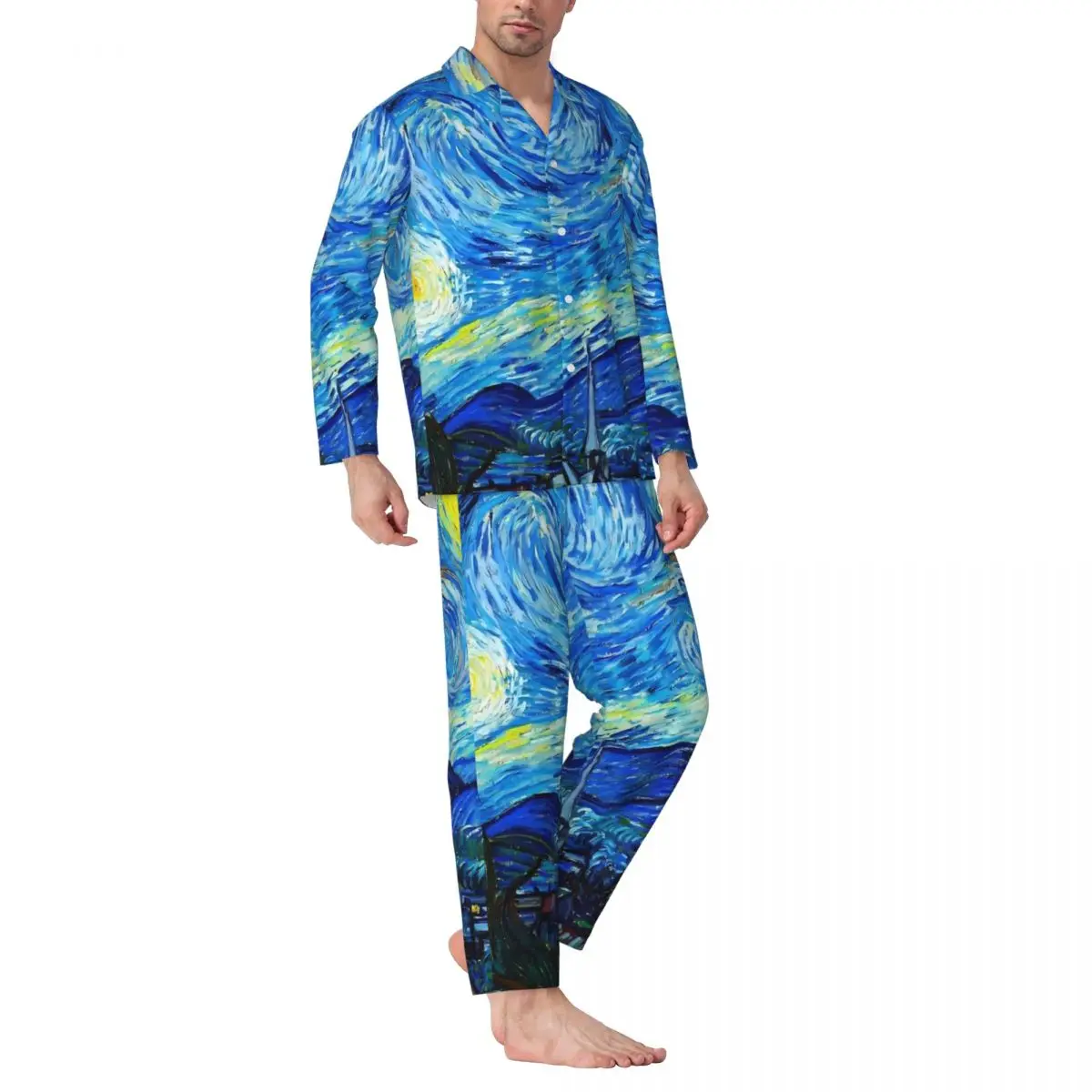 Van gogh pijamas masculinos noite estrelada impressão bonito macio quarto pijamas outono 2 peças casual solto oversized conjuntos de pijama personalizado