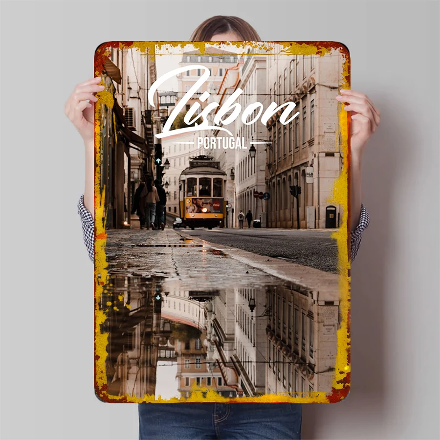 Лиссабон Португалия Винтаж Трамвай Вид на улицу Металлическое настенное искусство Домашний декор Пейзаж Печать