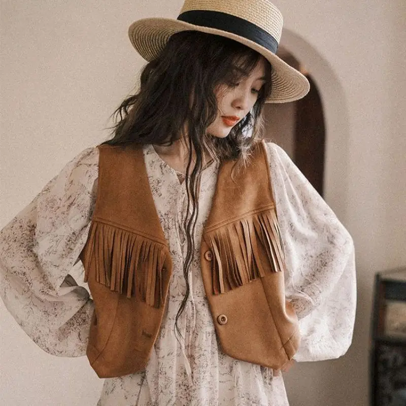 Autumn New Womens Suede Short Cardigan Brown Fringe Vest Coat