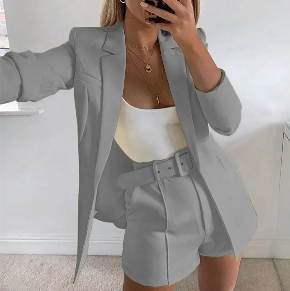 Solid Color Sexy Temperament Two Piece Set, Lapel Suit Cardigan Coat+high-waisted Shorts with Belt for Women\'s Spring and Autumn